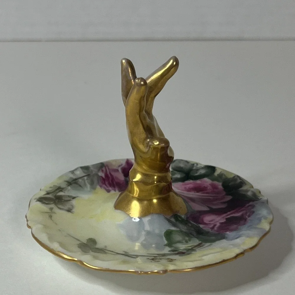 Vintage Limoges France Porcelain Ring Holder Gold Hand Floral Dish C.H. Snyder